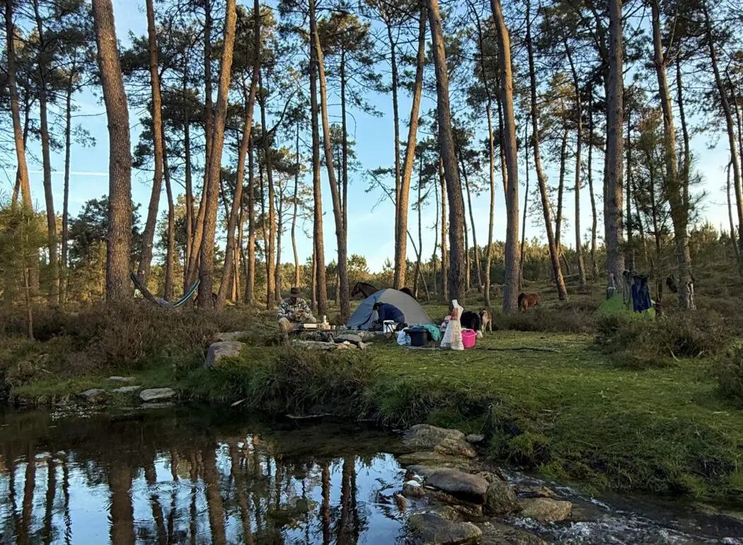 Riverside camp on a horseback riding trip in the Galician mountains