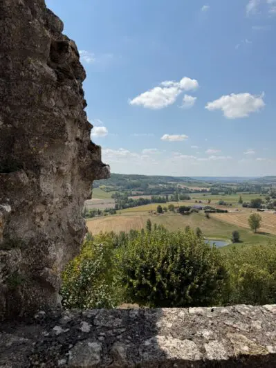 Rolling hills, vineyards, and forest in the Malbec countryside of the Lot Valley, France